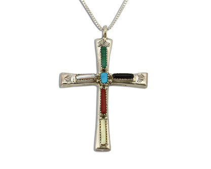 Zuni Handmade Cross Necklace 925 Silver Natural Gemstone Signed L. IULE C.80's