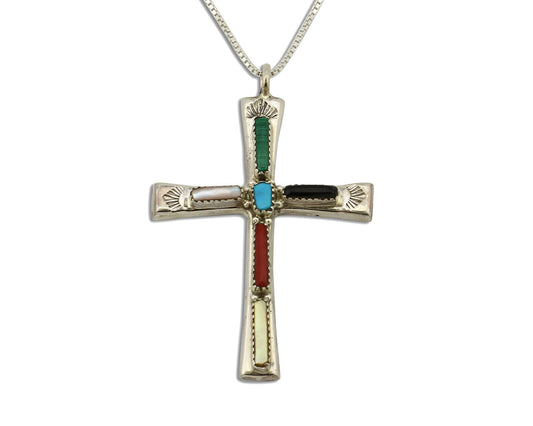 Zuni Handmade Cross Necklace 925 Silver Natural Gemstone Signed L. IULE C.80's