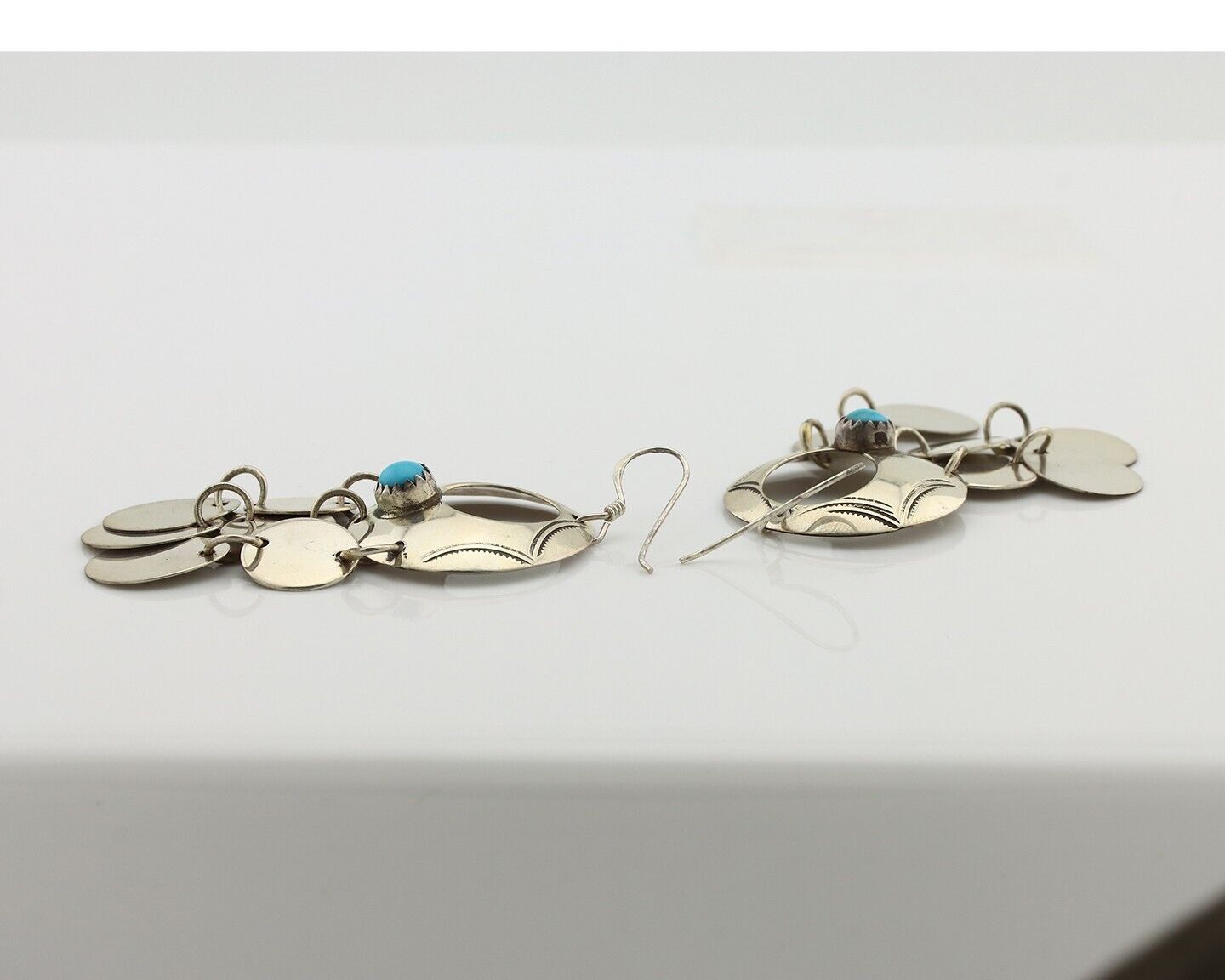 Navajo Handmade Earrings 925 Silver Blue Turquoise Signed Vera Jane C.80's