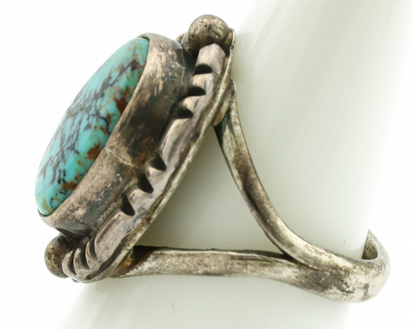 Navajo Ring .925 Silver Kingman Turquoise Artist Signed Gecko C.1980's