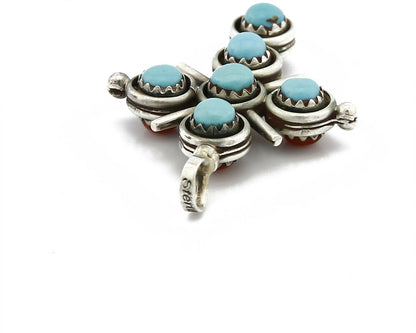 Zuni Natural Turquoise and Coral Reversible 925 Silver Handmade Pendant