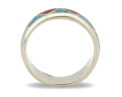 Navajo Chip Inlay Ring 925 Silver Sleeping Beauty Turquoise & Coral Silver Cloud