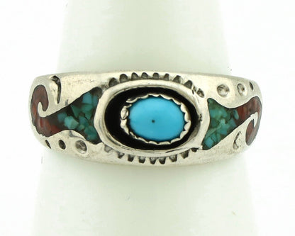 Navajo Handmade Ring 925 Silver Blue Turquoise & Coral Native American C.80's