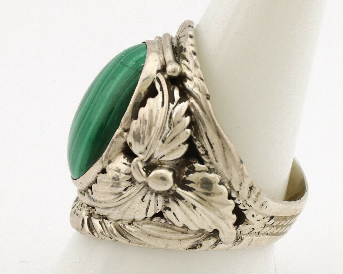 Navajo Ring .925 Silver Natural Green Malachite Artist Signed C.1980's