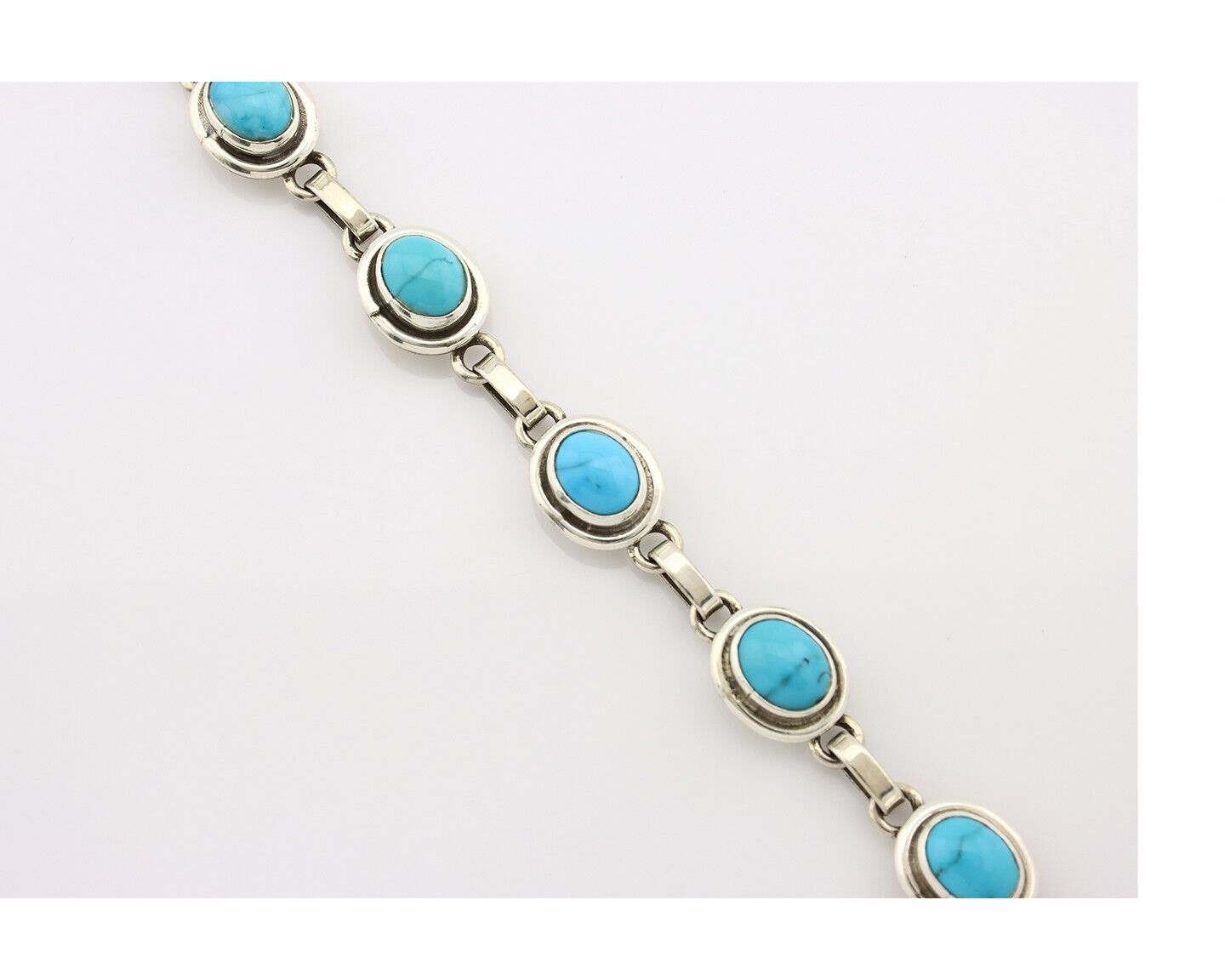 Navajo Link Bracelet .925 Silver Blue Turquoise Native American Artist C.80's