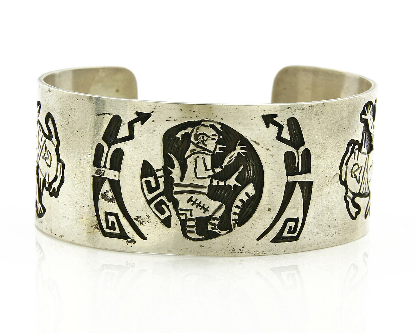 Navajo Bracelet .925 Silver Handmade Overlay Signed Artist Star Arrows C.80's