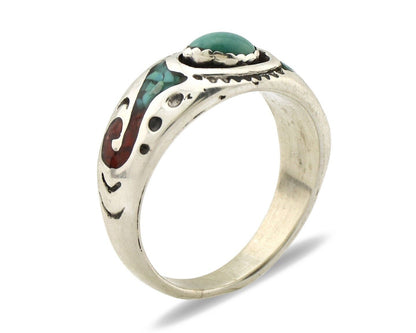 Navajo Handmade Ring 925 Silver Blue Turquoise & Coral Native American C.80's
