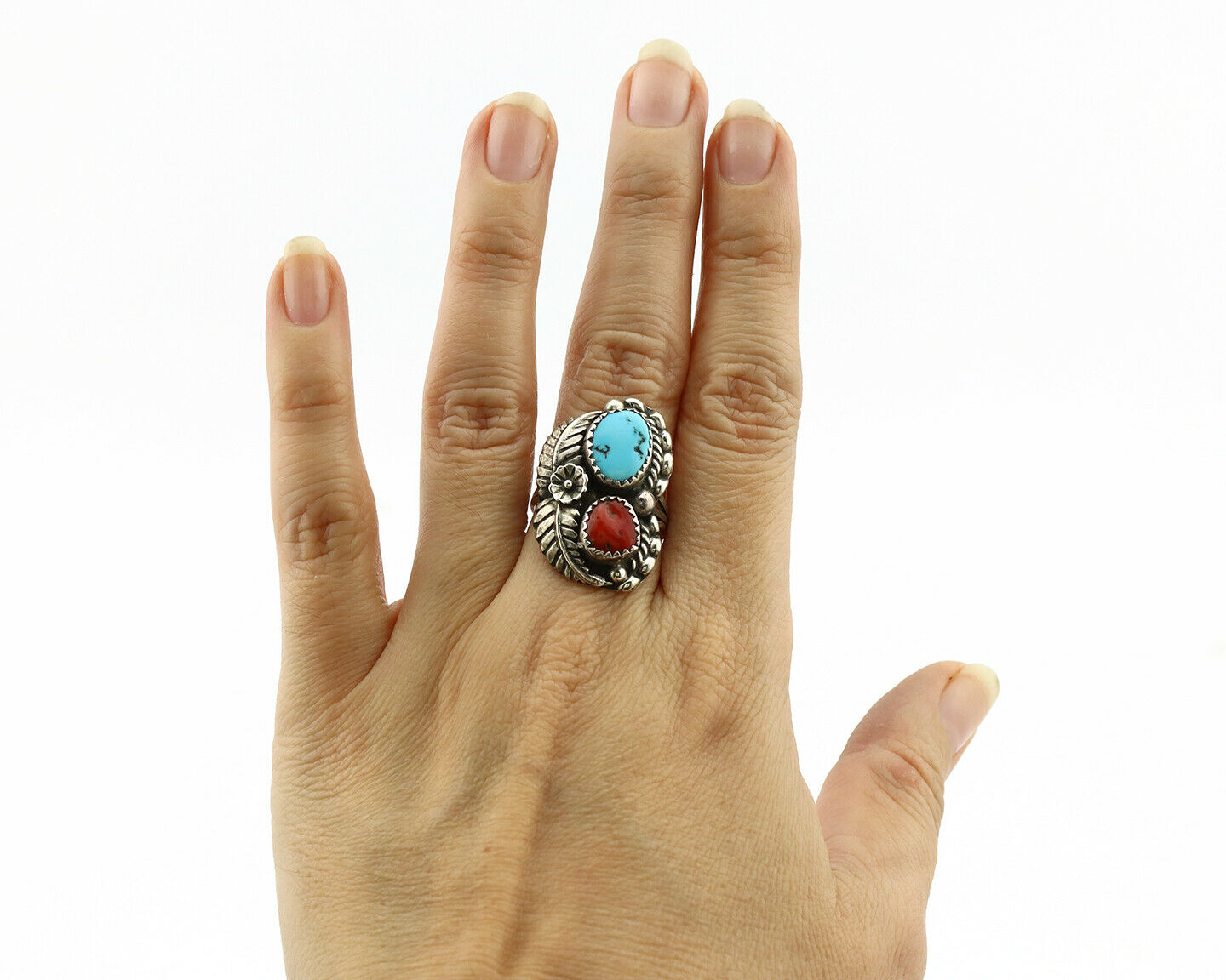 Navajo Ring .925 Silver Turquoise & Coral Artist Signed Thomas Singer C.80's