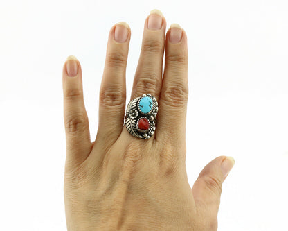 Navajo Ring .925 Silver Turquoise & Coral Artist Signed Thomas Singer C.80's