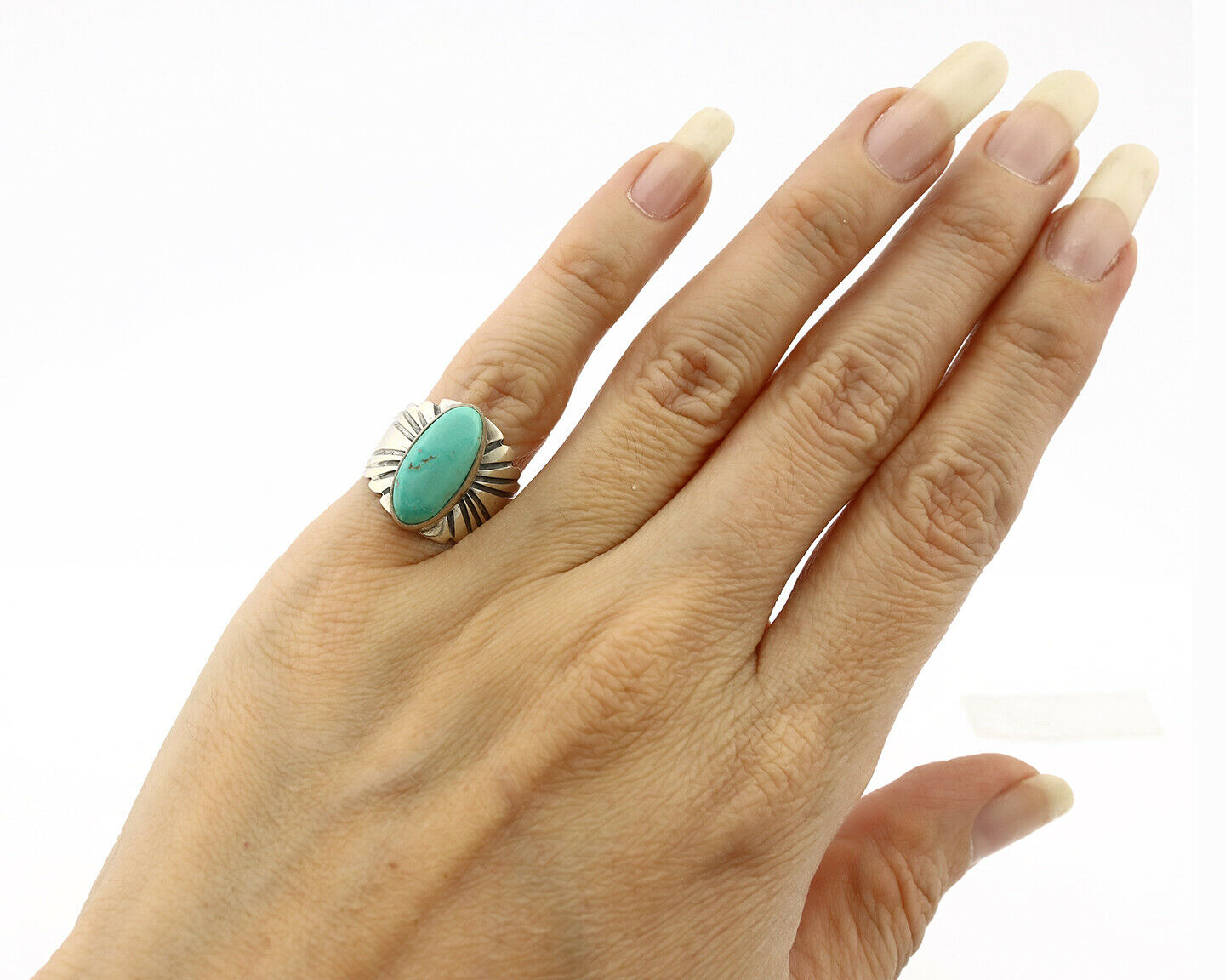 Navajo Ring .925 Silver Kingman Turquoise Artist Signed Apache C.80's