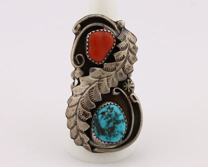 Navajo Ring 925 Silver Blue Turquiose & Coral Artist Signed Wes Craig C.80's