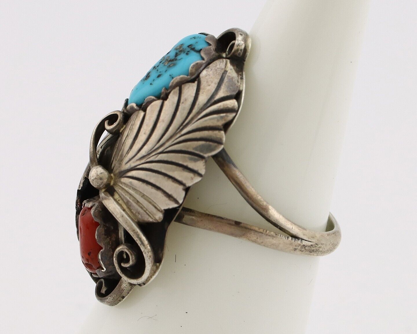 Navajo Handmade Ring 925 Silver Turquiose & Coral Artist Signed E C.80's