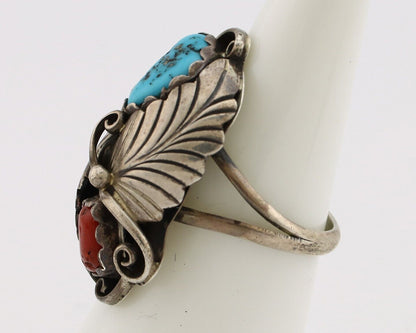 Navajo Handmade Ring 925 Silver Turquiose & Coral Artist Signed E C.80's