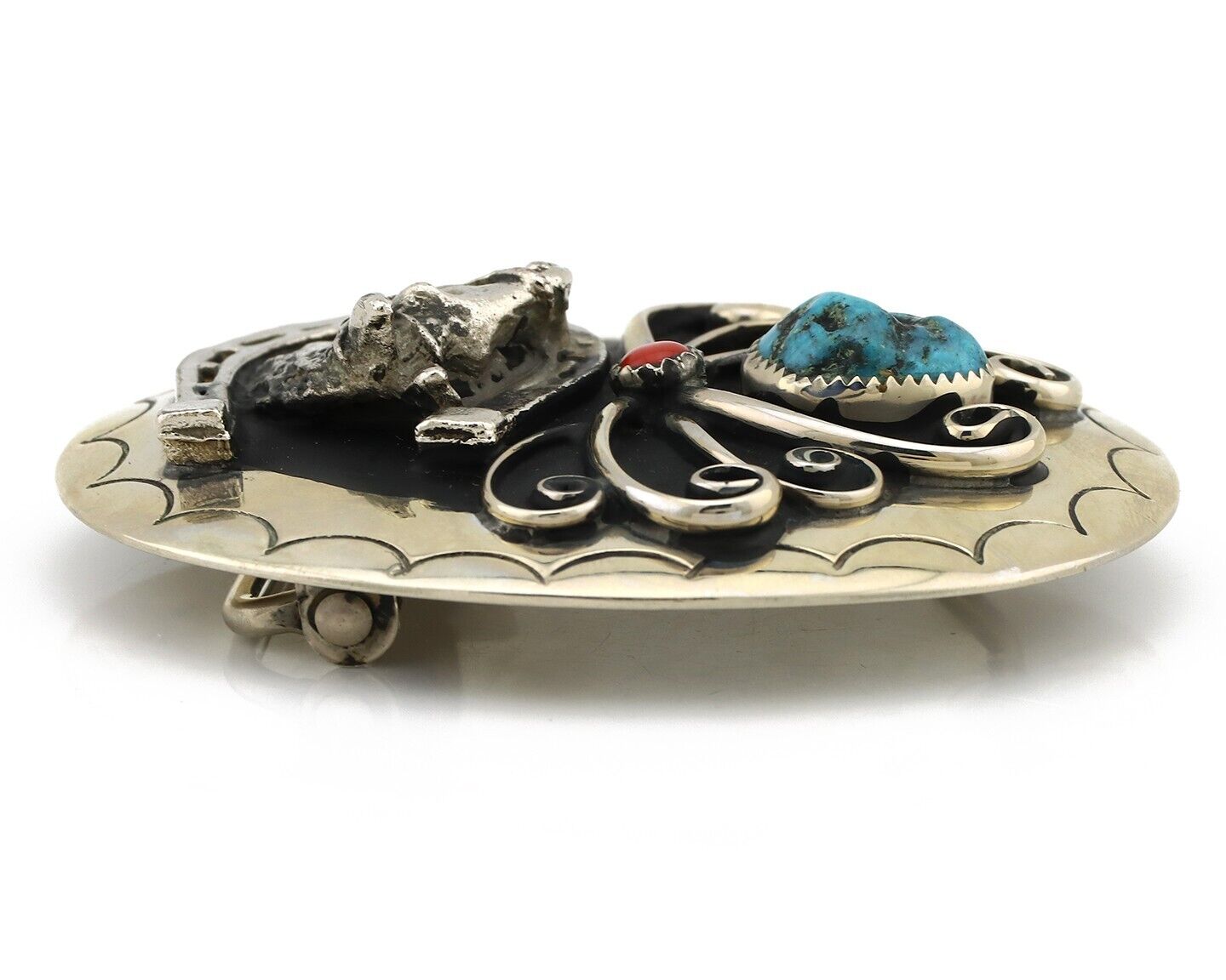 Navajo Horse Belt Buckle Nickle Silver Gemstone Handmade Native American C.80's