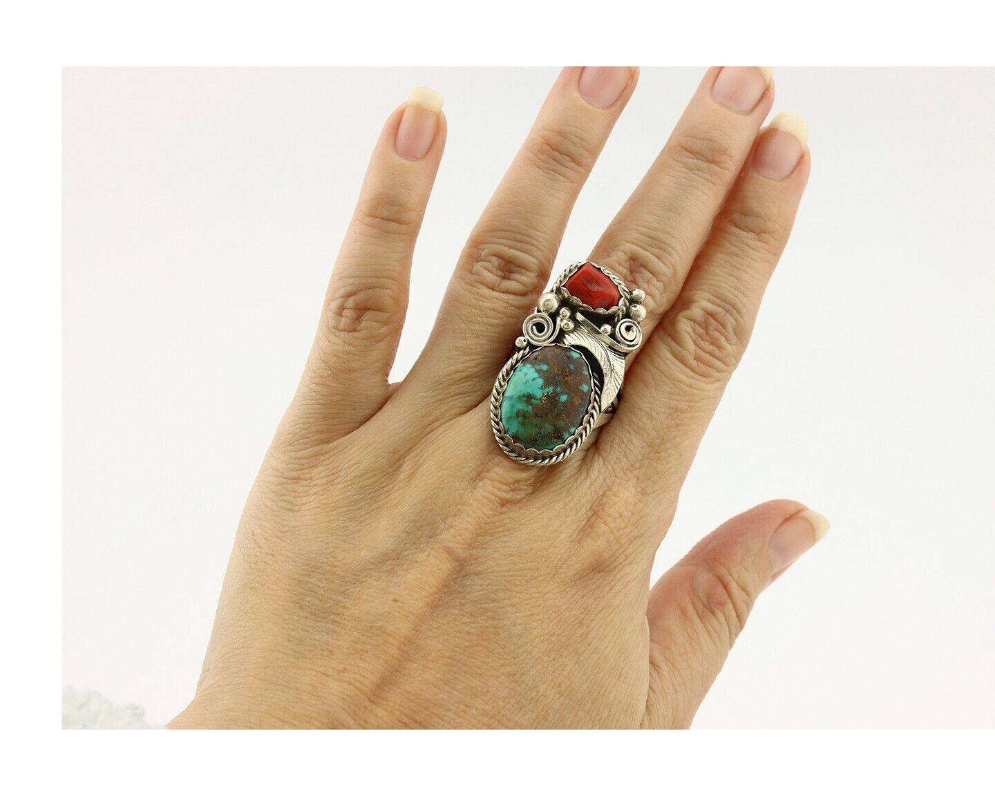 Navajo Ring 925 Silver Blue Turquiose & Coral Artist Signed Justin Morris C.80's
