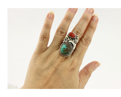 Navajo Ring 925 Silver Blue Turquiose & Coral Artist Signed Justin Morris C.80's