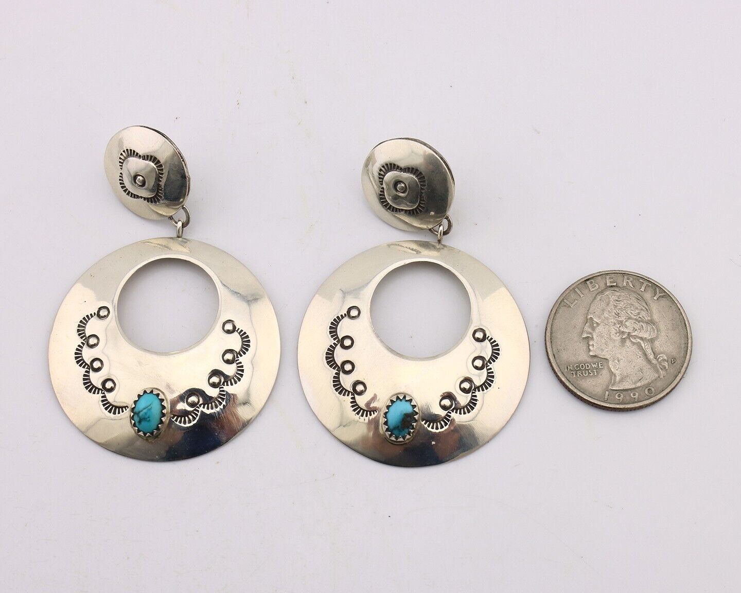 Navajo Handmade Earrings 925 Silver Blue Turquoise Signed Vera Jane C.80's