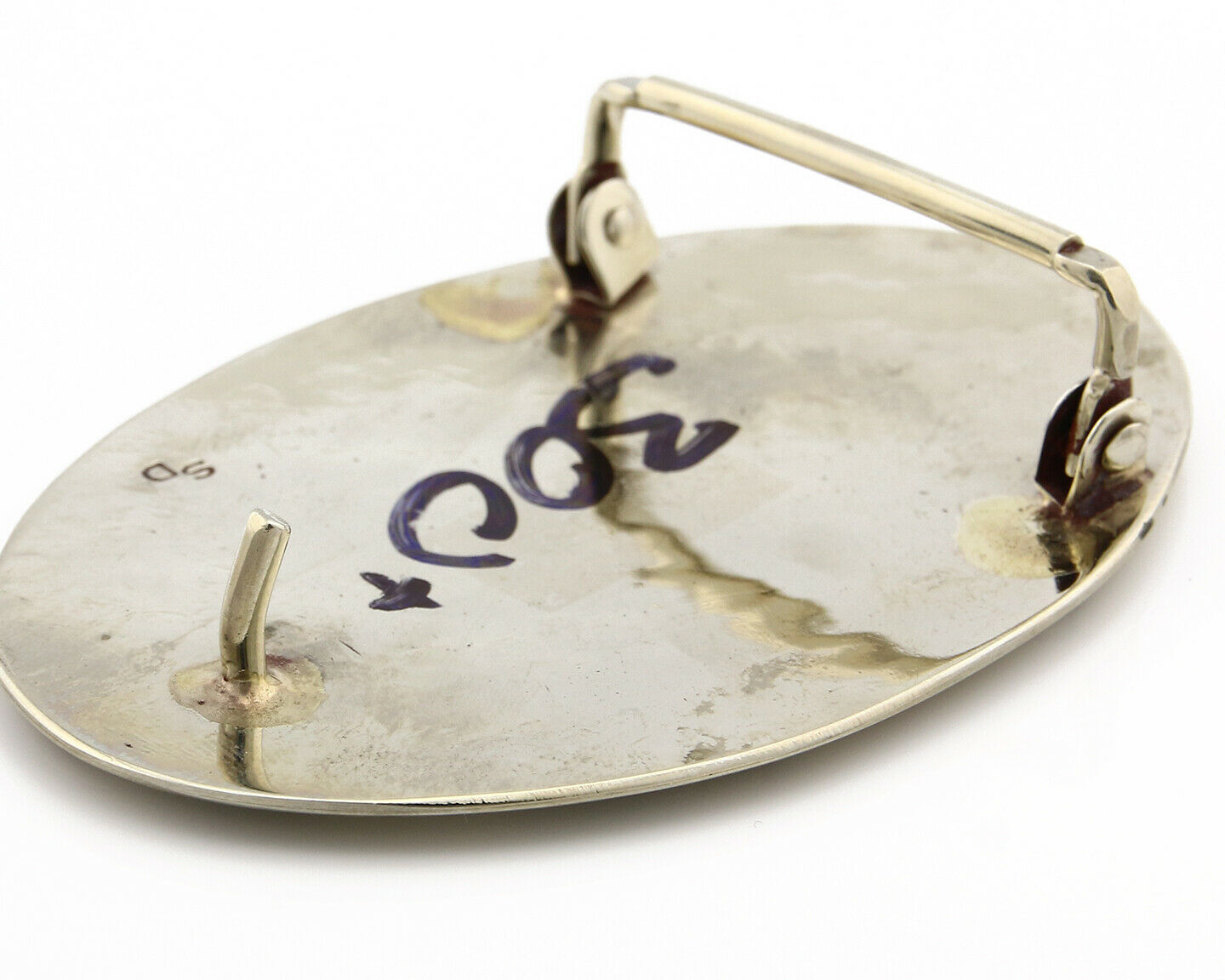 Navajo Belt Buckle .999 Nickle Silver Turquoise Coral Signed SD C.80's