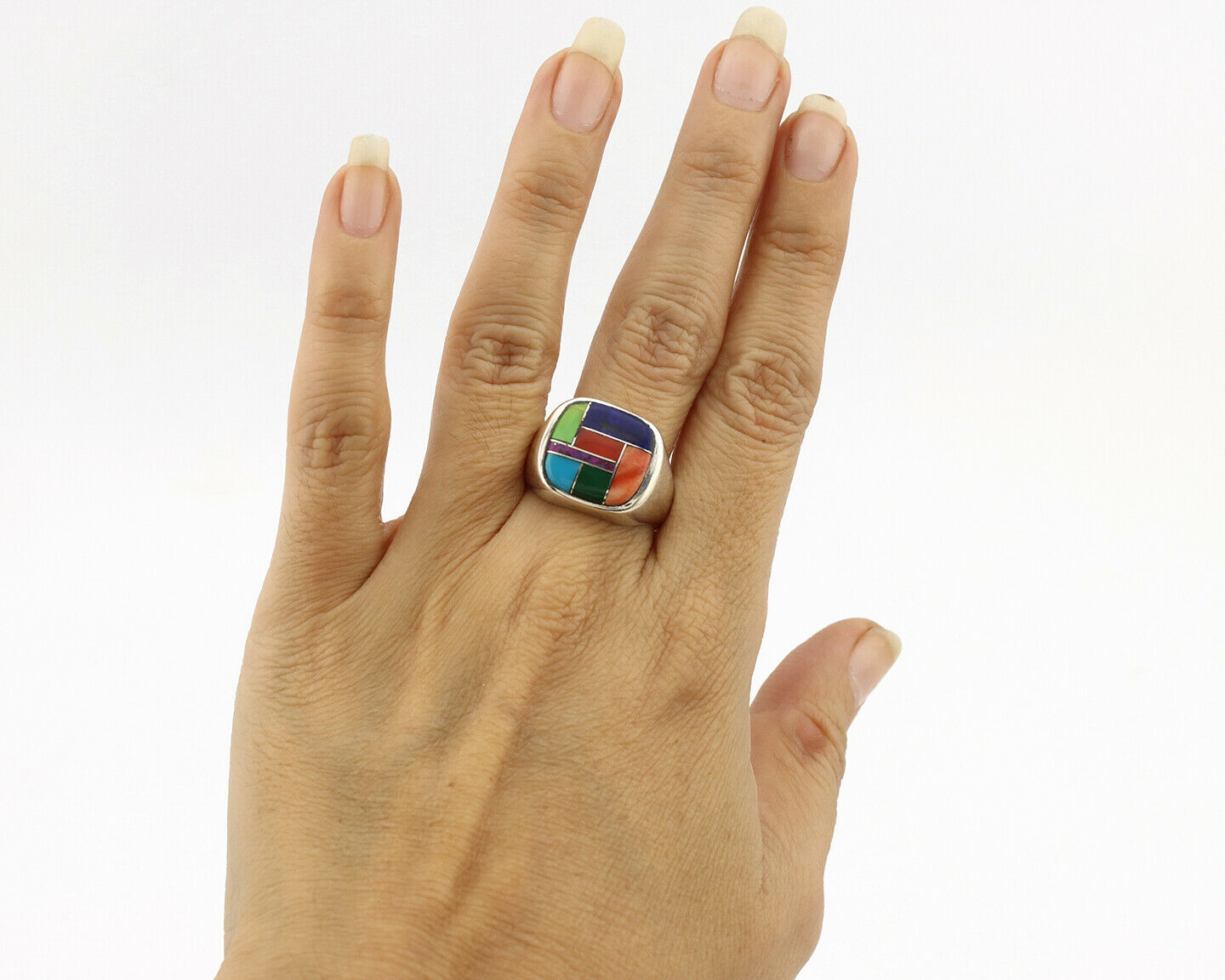 Navajo Inlaid Ring .925 Silver Gemstone Artist Native American C.1980's