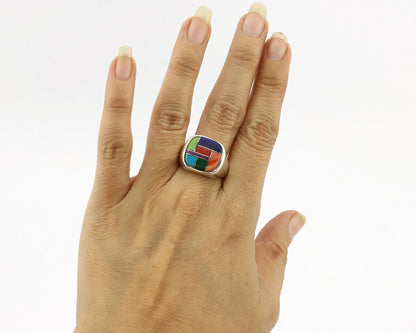 Navajo Inlaid Ring .925 Silver Gemstone Artist Native American C.1980's