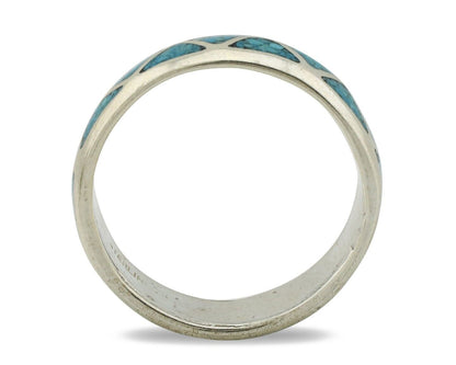 Navajo Chip Inlay Ring 925 Silver Sleeping Beauty Turquoise Artist Silver Cloud