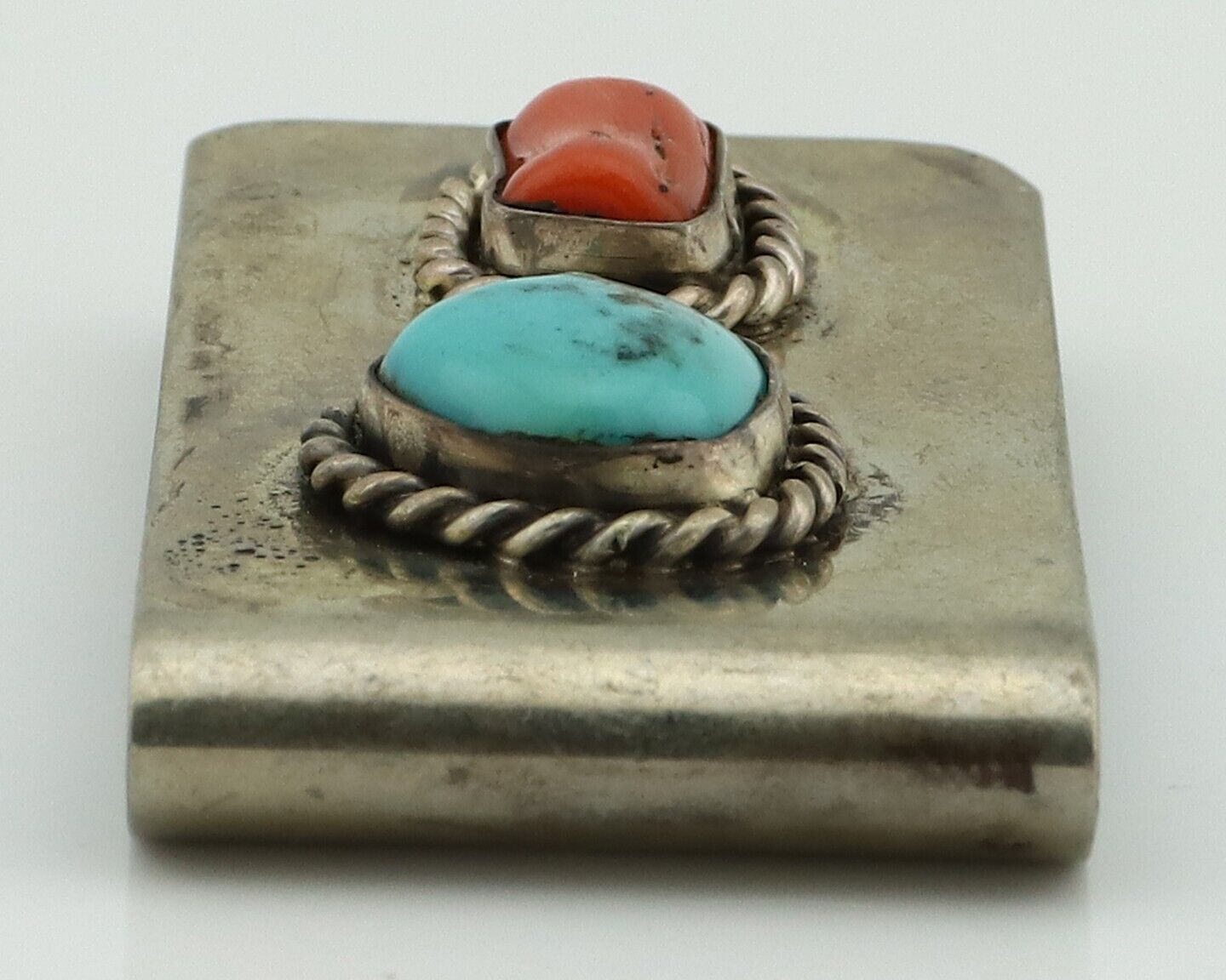 Navajo Money Clip 925 Silver & 999 Nickel Natural Turquoise & Coral Artist C80