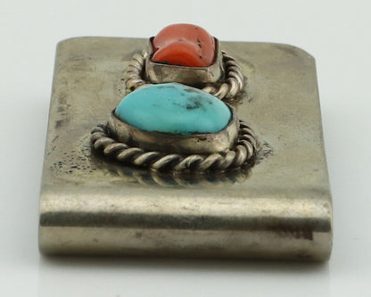 Navajo Money Clip 925 Silver & 999 Nickel Natural Turquoise & Coral Artist C80
