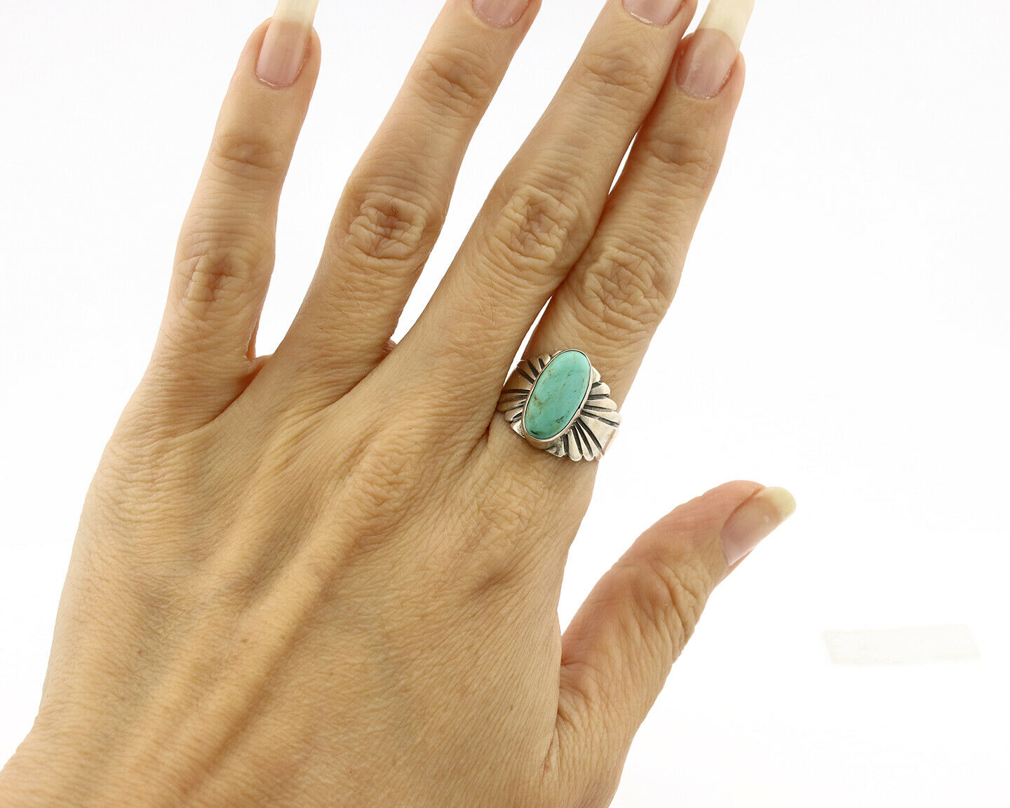 Navajo Ring .925 Silver Kingman Turquoise Artist Signed Apache C.80's