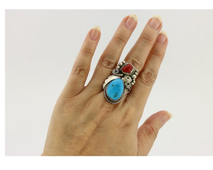 Navajo Ring 925 Silver Blue Turquiose & Coral Artist Signed Justin Morris C.80's