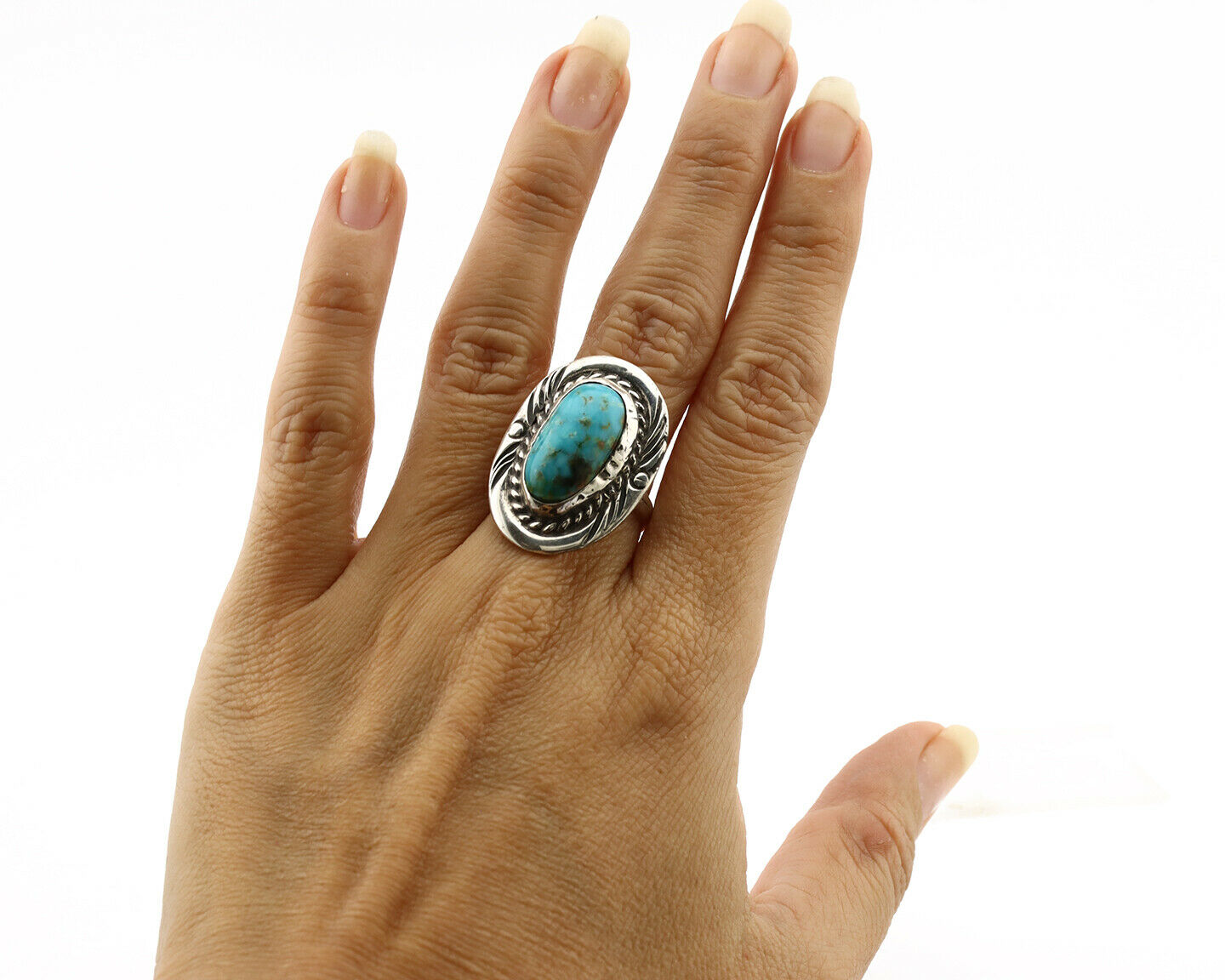 Navajo Ring .925 Silver Blue Gem Turquoise Native American Artist C.80's