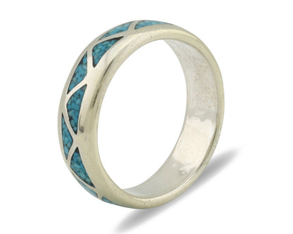 Navajo Chip Inlay Ring 925 Silver Sleeping Beauty Turquoise Artist Silver Cloud