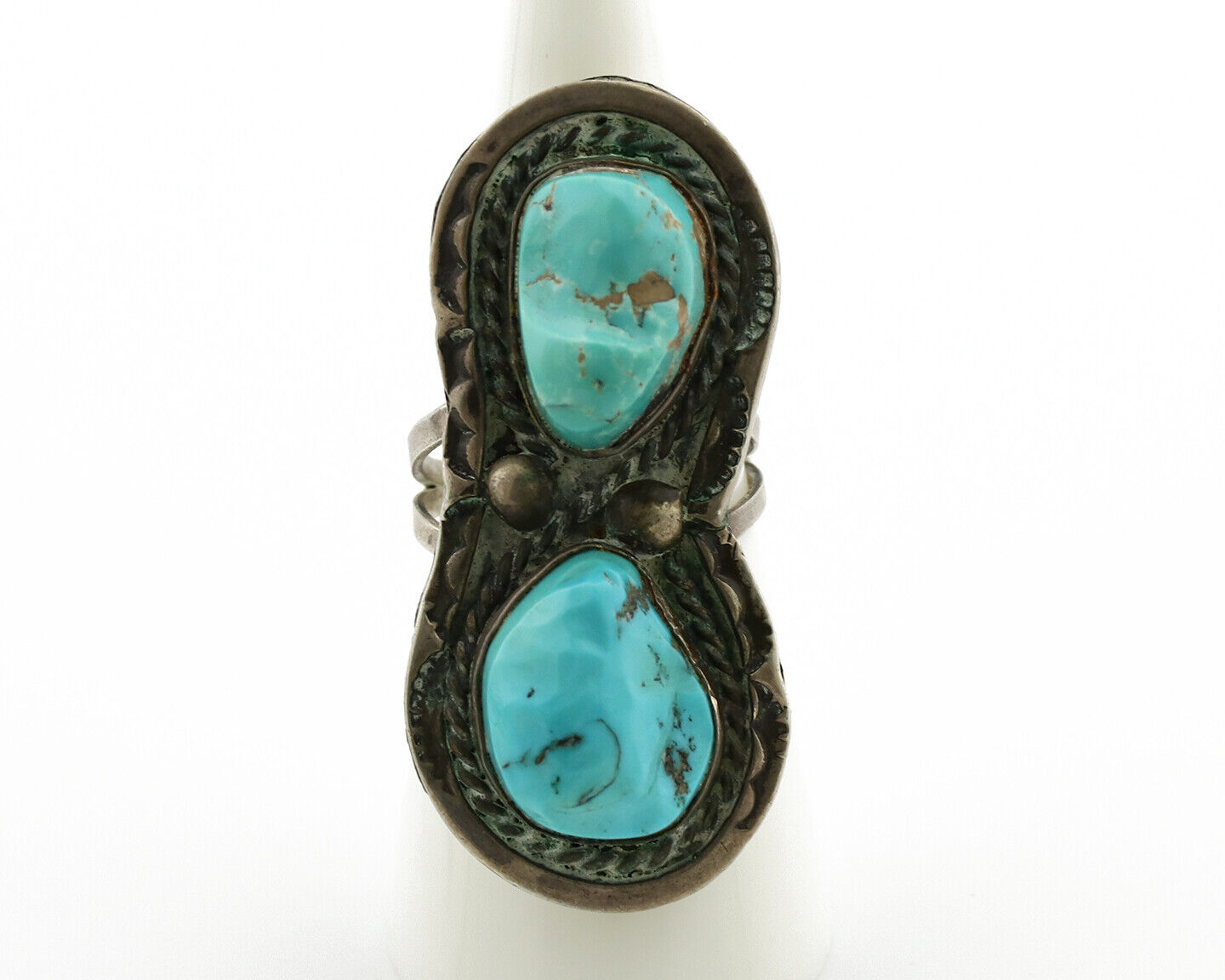 Navajo Ring .925 Silver Globe Turquoise Hand Stamped Native American Artist C80s