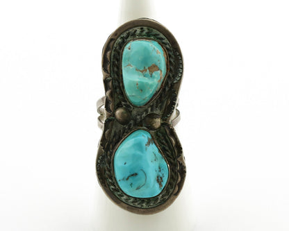 Navajo Ring .925 Silver Globe Turquoise Hand Stamped Native American Artist C80s