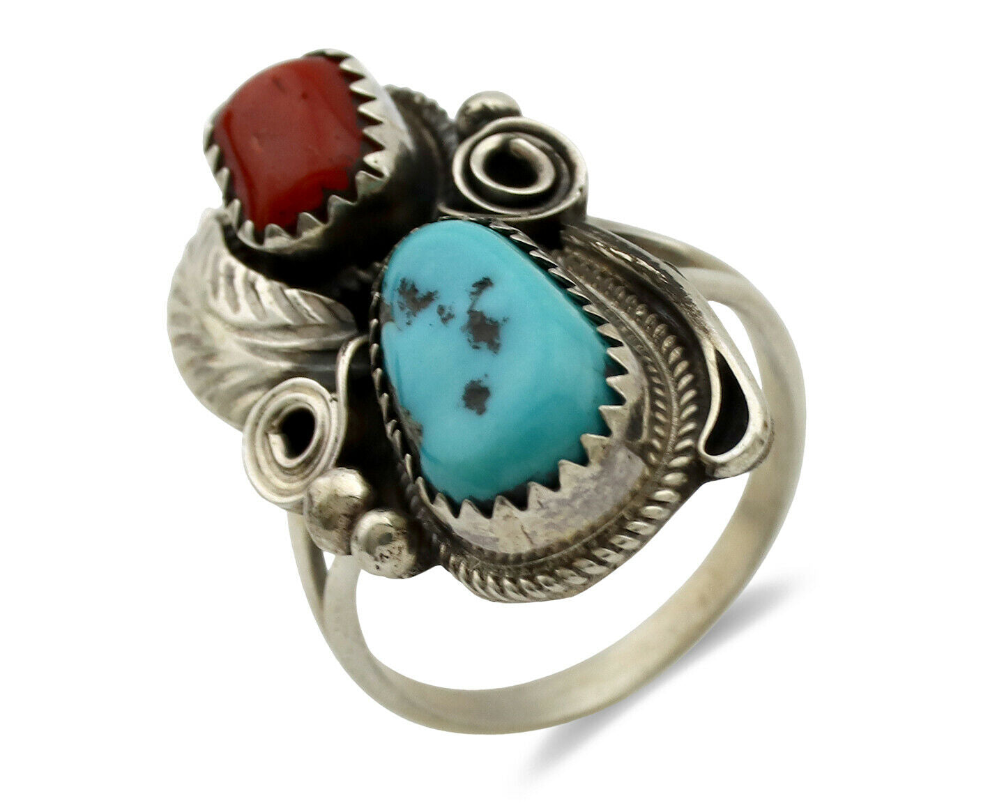 Navajo Ring .925 Silver Turquoise & Coral Artist Signed J Morris C.80's