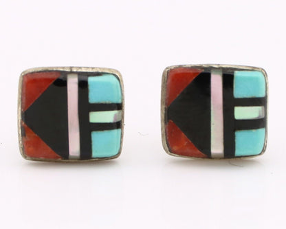 Zuni Earrings 925 Silver Natural Gemstones & Turquoise Native Artist C.80's