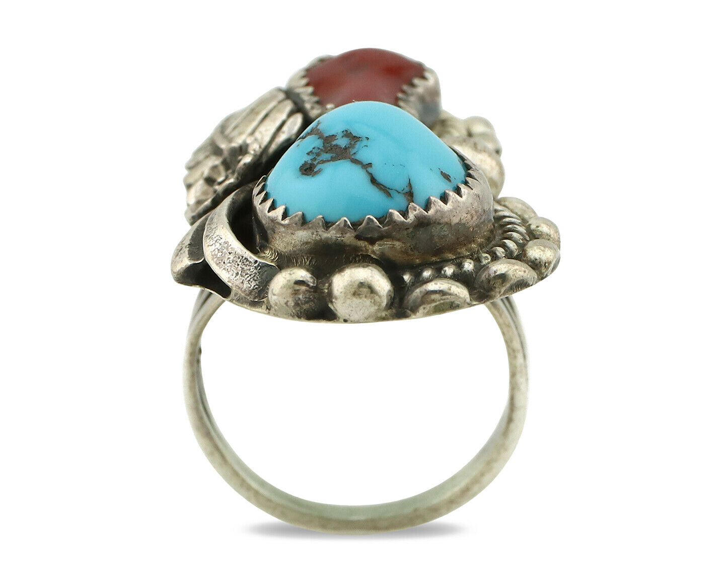 Navajo Ring .925 Silver Turquoise & Coral Artist Signed Thomas Singer C.80's