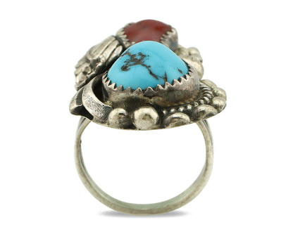 Navajo Ring .925 Silver Turquoise & Coral Artist Signed Thomas Singer C.80's