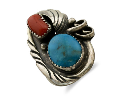 Navajo Ring 925 Silver Turquoise & Coral Artist Signed Native American C.80s