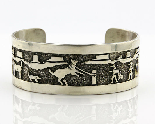 Navajo Bracelet .925 SOLID Silver Artist Signed BB Handmade Overlay C.80-90's