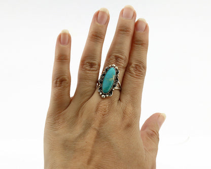 Navajo Ring .925 Silver Blue Southwest Turquoise Signed TALHAT C.80's