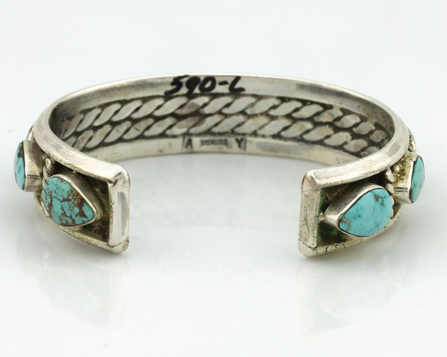 Navajo Bracelet .925 Silver Spiderweb Turquoise Artist Signed AY 80's