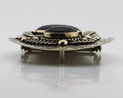 Men Navajo Belt Buckle .999 Nickel Onyx Artist Signed Teepee Handmade C.1980's