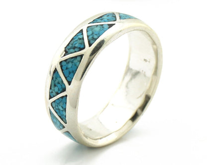 Navajo Chip Inlay Ring 925 Silver Sleeping Beauty Turquoise Artist Silver Cloud