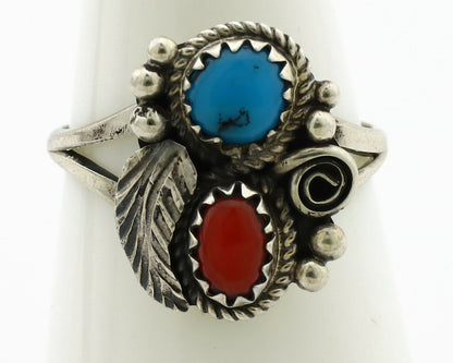 Navajo Ring .925 Silver Morenci Turquoise & Coral Native Artist Signed JM C.80's