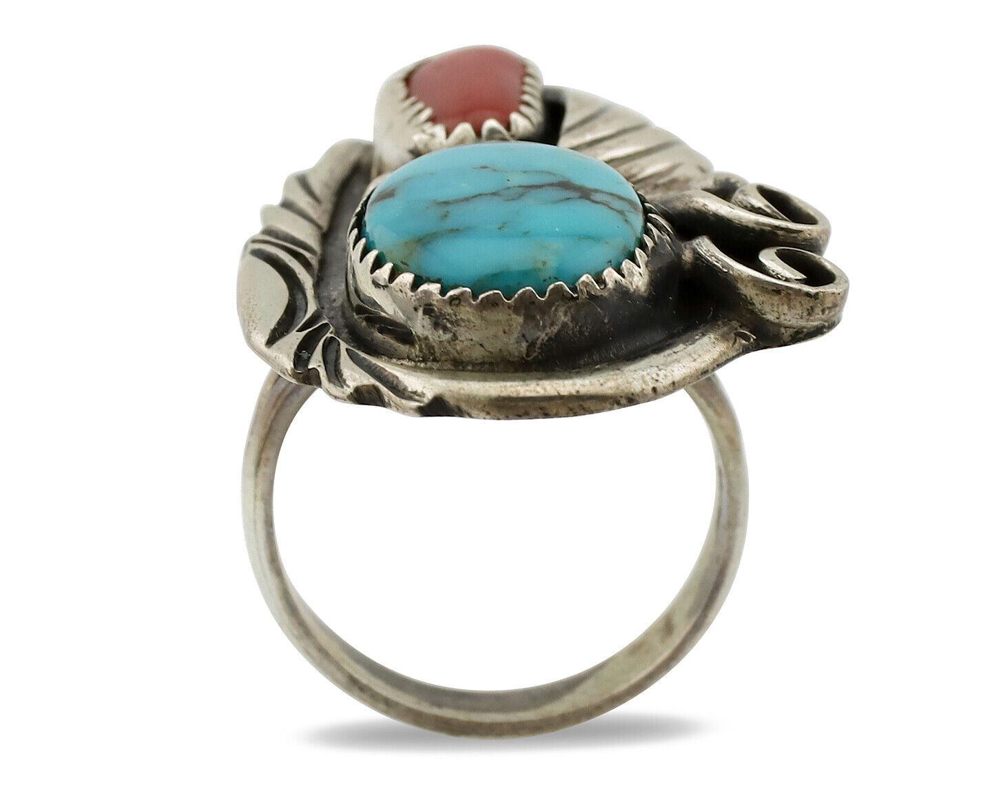 Navajo Ring 925 Silver Turquoise & Coral Artist Signed Native American C.80s