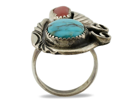 Navajo Ring 925 Silver Turquoise & Coral Artist Signed Native American C.80s