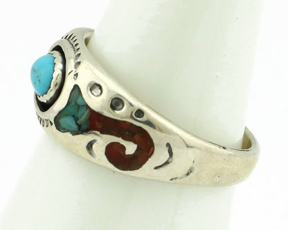 Navajo Handmade Ring 925 Silver Blue Turquoise & Coral Native American C.80's