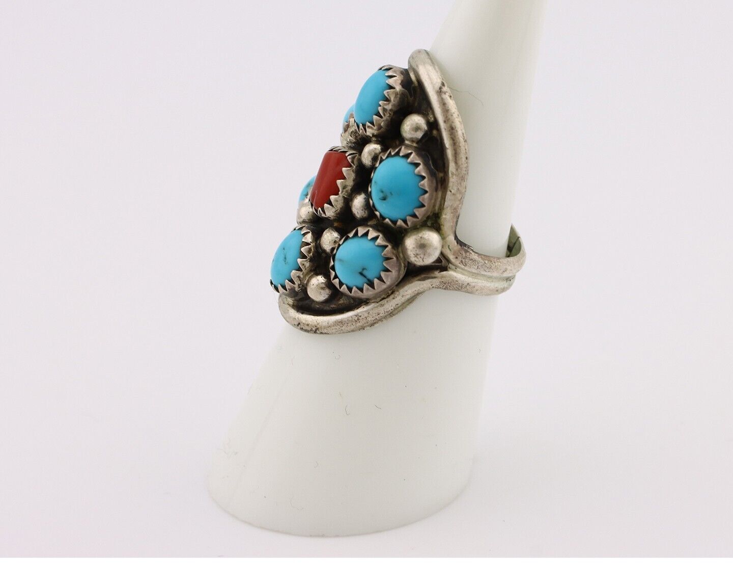 Navajo Ring 925 Silver Blue Turquiose & Coral Artist Signed Elgin Haskey C.80's