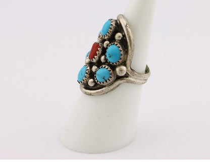 Navajo Ring 925 Silver Blue Turquiose & Coral Artist Signed Elgin Haskey C.80's