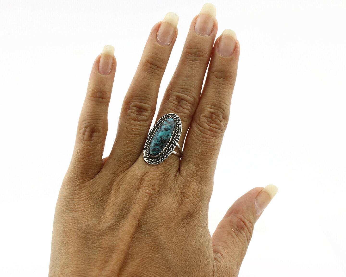 Navajo Ring .925 Silver Black Turquoise Artist Signed AB C.80's